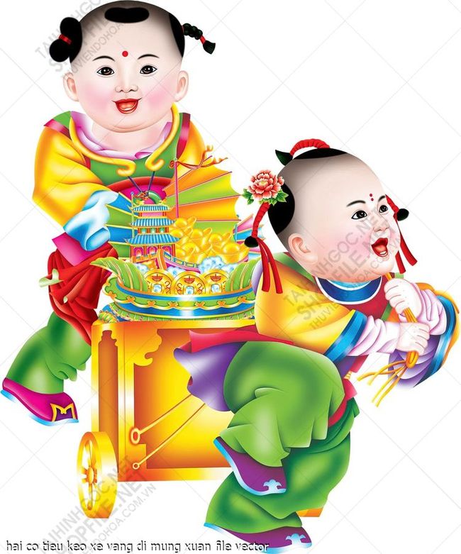 hai co tieu keo xe vang di mung xuan file vector